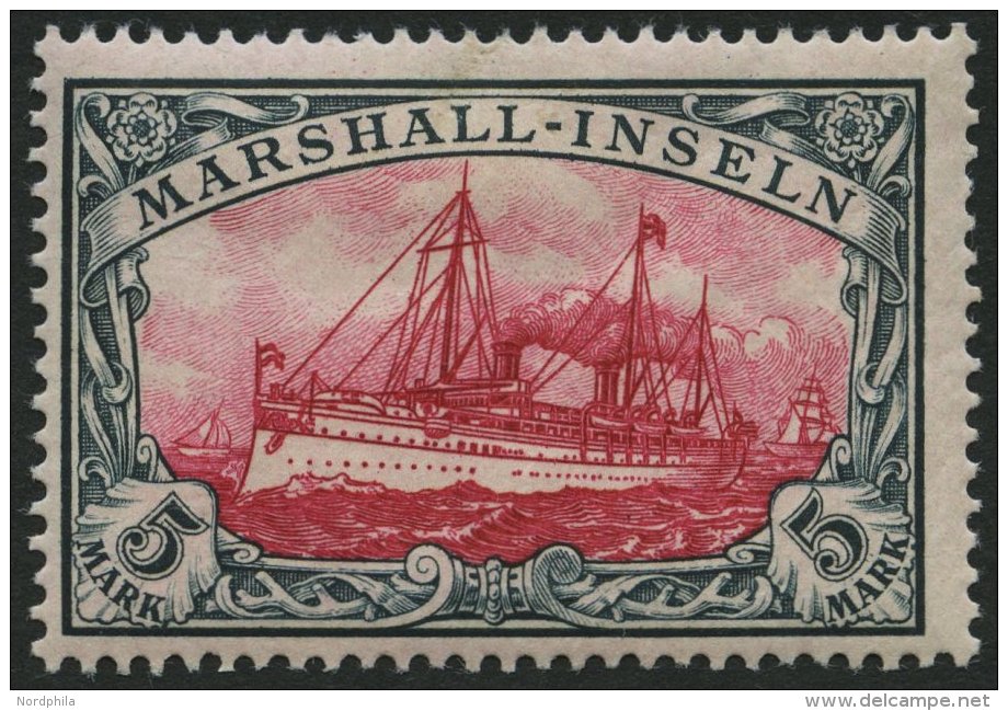 MARSHALL-INSELN 25 *, 1901, 5 M. Gr&uuml;nschwarz/dunkelkarmin, Ohne Wz., Falzreste, Pracht, Signiert, Mi. 170.- - Marshall Islands