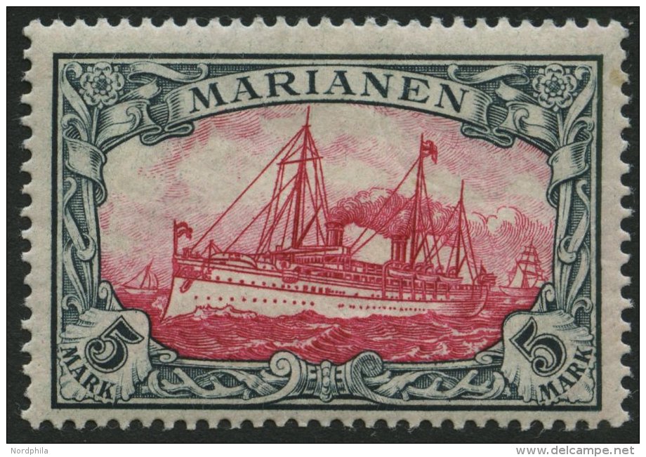 MARIANEN 19 *, 1901, 5 M. Gr&uuml;nschwarz/dunkelkarmin, Ohne Wz., Falzrest, Pracht, Signiert, Mi. 170.- - Mariana Islands