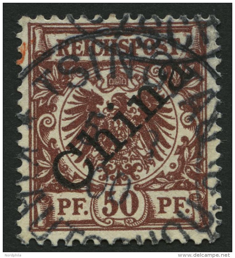 KIAUTSCHOU M 6I O, 1900, 50 Pf. Diagonaler Aufdruck, Stempel TSINGTAU KIAUTSCHOU *a, Pracht, Signiert Gebr&uuml;der Senf - Kiautschou