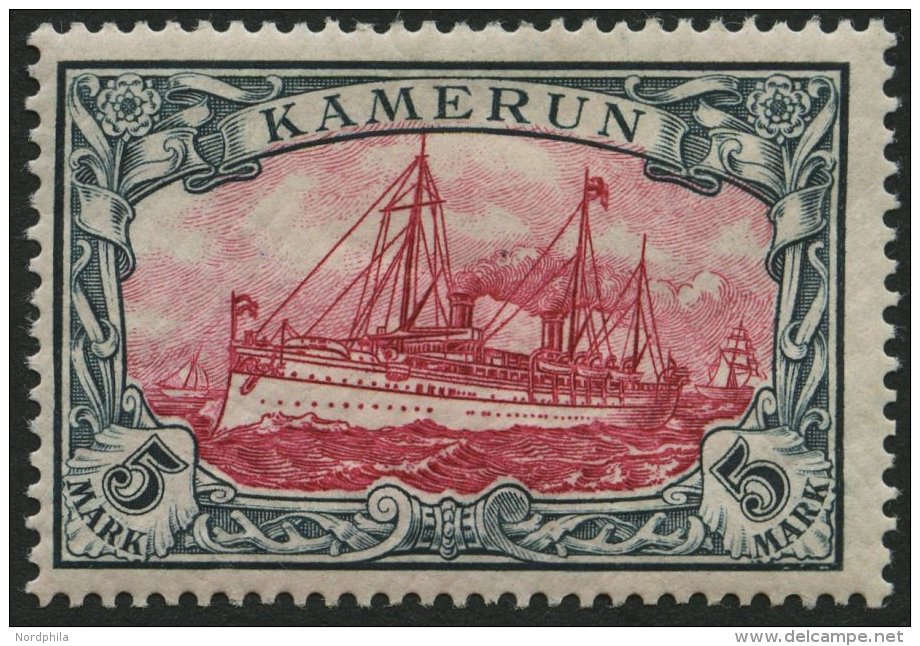 KAMERUN 19 *, 1900, 5 M. Gr&uuml;nschwarz/br&auml;unlichkarmin, Ohne Wz., Falzrest, Pracht, Mi 190.- - Cameroun