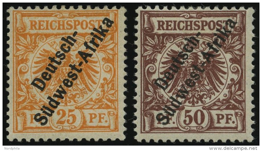 DSWA Ia,II *, 1897, 25 Pf. Gelblichorange Und 50 Pf. Lebhaftr&ouml;tlichbraun, Falzreste, 2 Prachtwerte, Gepr. W. Engel, - German South West Africa