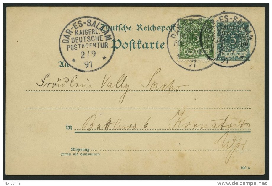 DEUTSCH-OSTAFRIKA VO 46b,VP BRIEF, 1891, 5 Pf. Gelblichgr&uuml;n Als Zusatzfrankatur Auf 5 Pf. Ganzsachenkarte Mit Stemp - German East Africa