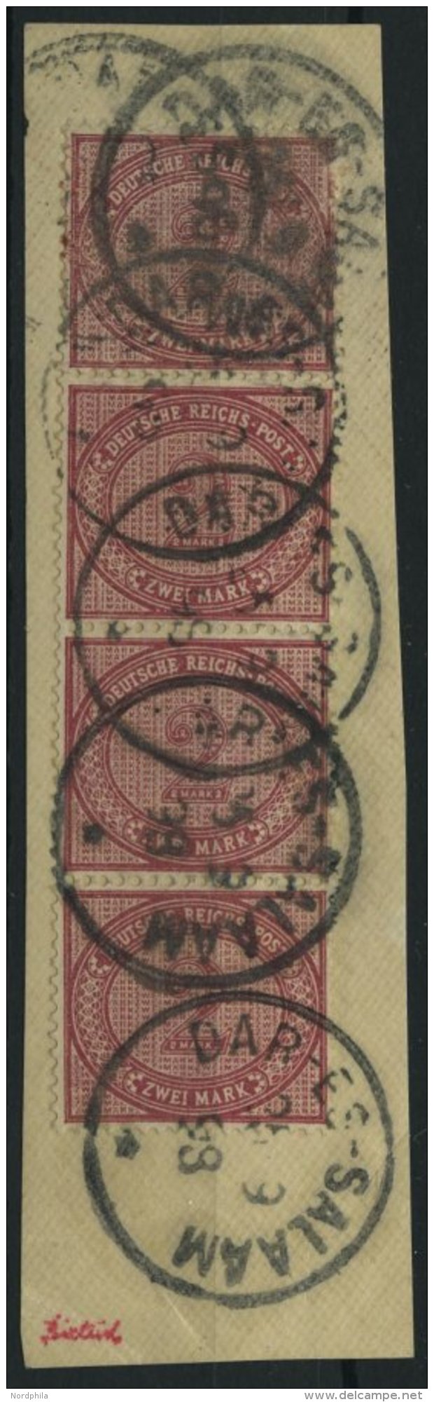 DEUTSCH-OSTAFRIKA VO 37e BrfStk, 1898, 2 M. Dunkelrotkarmin Im Viererstreifen Auf Leinenbriefst&uuml;ck, Obere Marke Kle - German East Africa