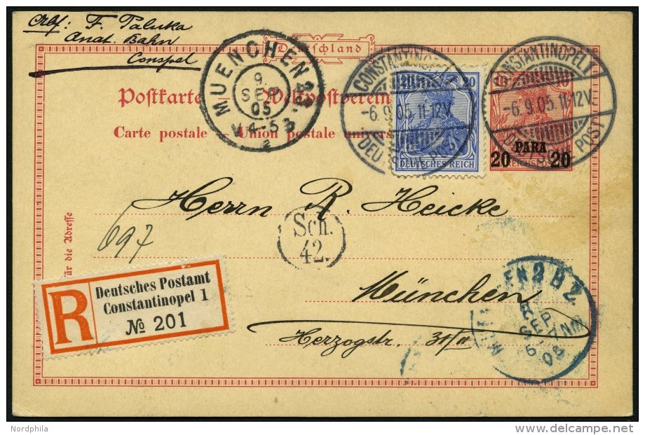 DP T&Uuml;RKEI P 7 BRIEF, 1905, 20 PARA Auf 10 Pf. Reichspost Auf Einschreibkarte Von CONSTANTINOPEL Nach M&uuml;nchen, - Turkey (offices)