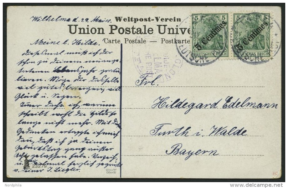 DP T&Uuml;RKEI 48 BRIEF, 1908, 5 C. Auf 5 Pf. Diagonaler Aufdruck (2x) Von JAFFA Mit Violettem Nebenstempel TEMPEL-KOLON - Deutsche Post In Der Türkei