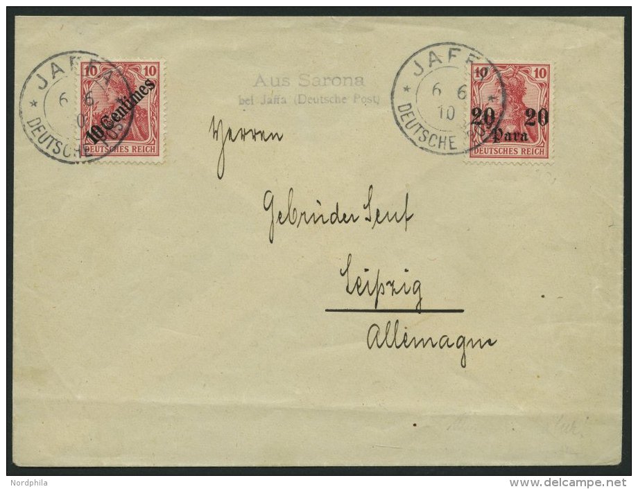 DP T&Uuml;RKEI 37,49 BRIEF, 1910, 20 Pa. Auf 10 Pf. Und 10 C. Auf 10 Pf. Auf Brief Von JAFFA Mit Nebenstempel L2 Aus Sar - Turkey (offices)