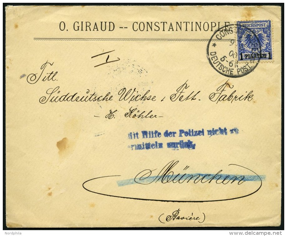 DP T&Uuml;RKEI 8d BRIEF, 1897, 1 PIA. Auf 20 Pf. Violettultramarin, Stempel CONSTANTINOPEL 1a, Auf Brief Nach M&uuml;nch - Turkey (offices)
