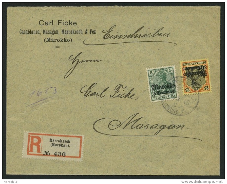 DP IN MAROKKO 47,50I BRIEF, 1913, 5 C. Auf 5 Pf. Gr&uuml;n, Mit Wz., Auf Einschreibbrief Mit Stempel MARRAKESCH DP C Nac - Morocco (offices)