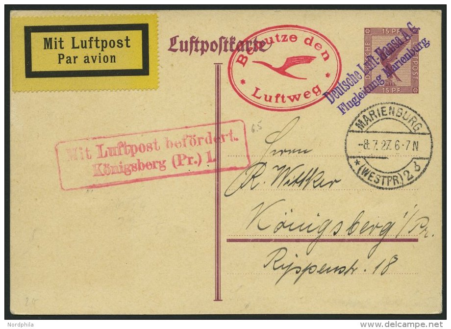 FLUGLEITUNGSSTEMPEL 42/01/a BRIEF, 1927, MARIENBURG, Violetter L2 Und Zus&auml;tzlicher Roter Ovalstpl. Benutze Den Luft - Airplanes