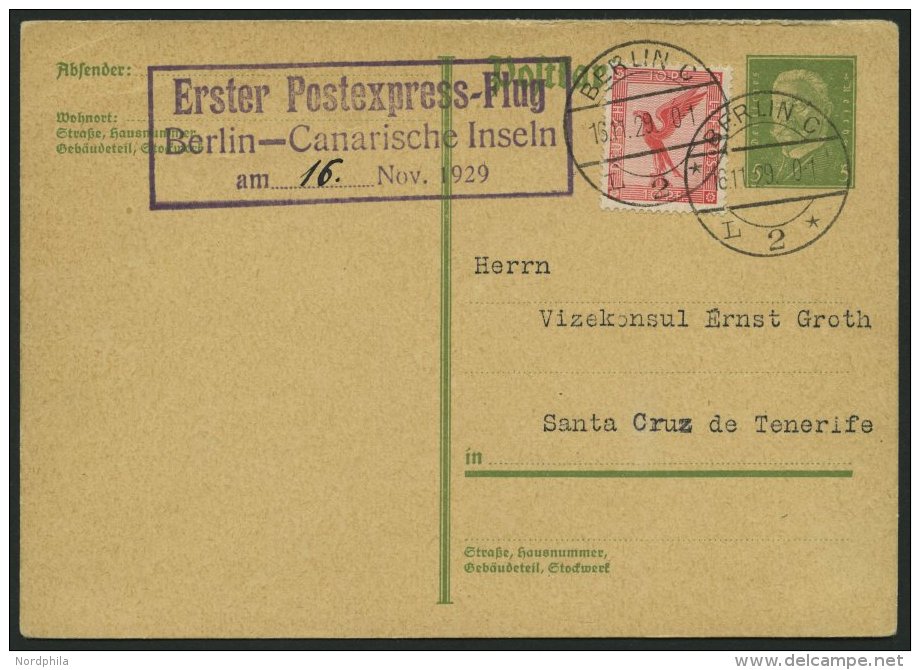 SONDERFL&Uuml;GE, FLUGVERANST. P 180 BRIEF, 1929, Erster Postexpress-Flug Berlin-Canarische Inseln Am 16. Nov.1929, Viol - Airmail & Zeppelin