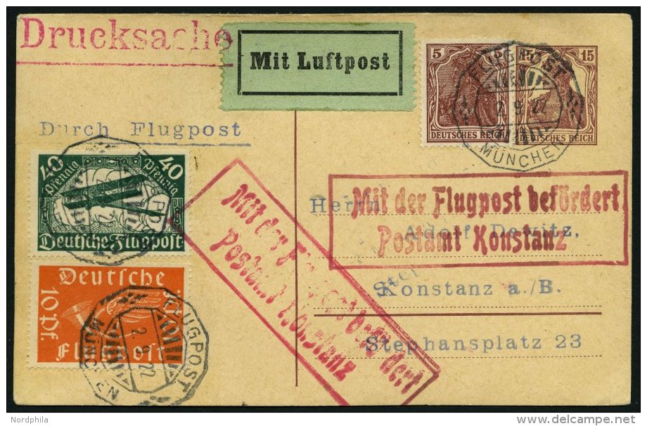 SP&Auml;TERE FL&Uuml;GE (SPF) 21.7.01 BRIEF, 2.9.1922, M&uuml;nchen-Konstanz, Prachtkarte - Airplanes