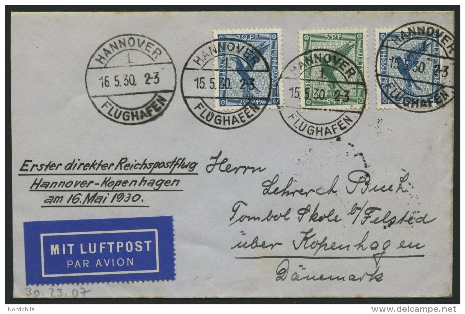 ERST-UND ER&Ouml;FFNUNGSFL&Uuml;GE 30.23.07 BRIEF, 16.5.1930, Hannover-Kopenhagen, Prachtbrief - Zeppelins