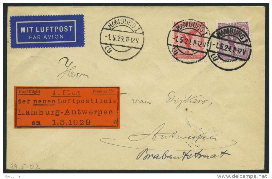 ERST-UND ER&Ouml;FFNUNGSFL&Uuml;GE 29.5.02 BRIEF, 1.5.1929, Hamburg-Antwerpen, Prachtbrief - Zeppelins