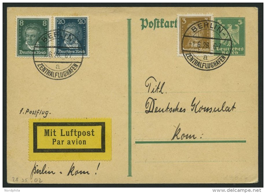 ERST-UND ER&Ouml;FFNUNGSFL&Uuml;GE 28.35.02 BRIEF, 1.6.1928, Berlin-Rom, Prachtkarte - Zeppelins