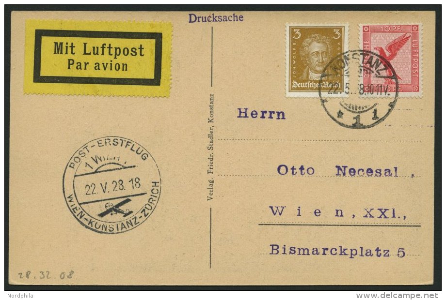 ERST-UND ER&Ouml;FFNUNGSFL&Uuml;GE 28.32.08 BRIEF, 22.5.1928, Konstanz-Wien, Prachtkarte - Zeppelins