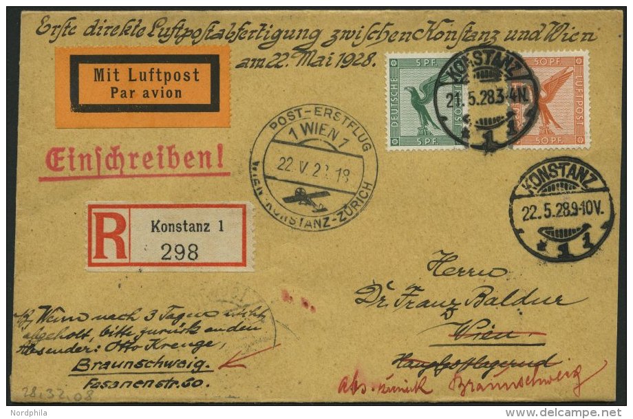 ERST-UND ER&Ouml;FFNUNGSFL&Uuml;GE 28.32.08 BRIEF, 22.5.1928, Konstanz-Wien, Prachtbrief - Zeppelins