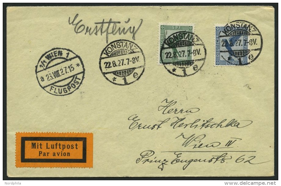 ERST-UND ER&Ouml;FFNUNGSFL&Uuml;GE 27.45.03 BRIEF, 22.8.1927, Konstanz-Wien, Prachtbrief - Zeppelins