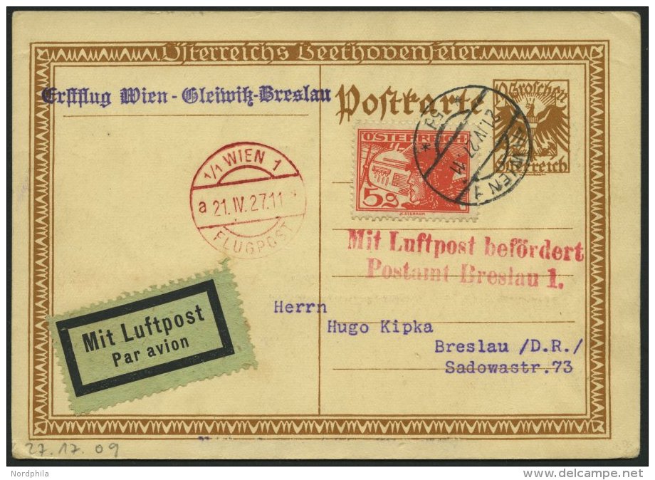 ERST-UND ER&Ouml;FFNUNGSFL&Uuml;GE 27.17.09 BRIEF, 21.4.1927, Wien-Breslau, Prachtkarte - Zeppelins