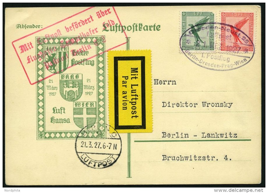 ERST-UND ER&Ouml;FFNUNGSFL&Uuml;GE 27.1.12 BRIEF, 21.3.1927, Dresden-Berlin, Sonderkarte, Feinst - Zeppelins