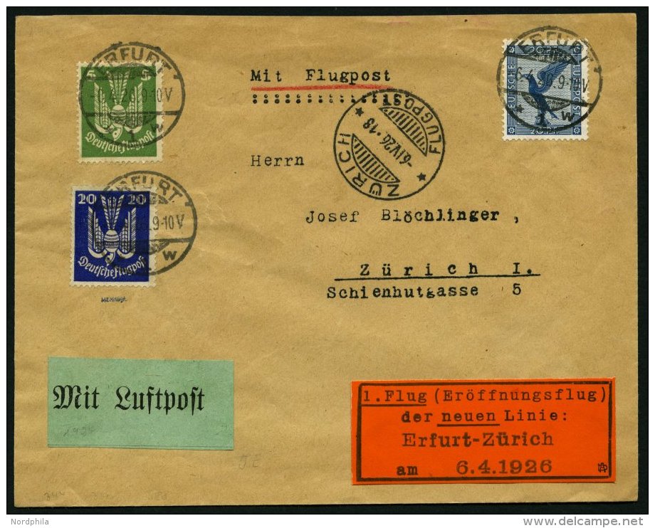 ERST-UND ER&Ouml;FFNUNGSFL&Uuml;GE 26.7.09 BRIEF, 6.4.1926, Erfurt - Z&uuml;rich, Prachtbrief, RR! - Zeppelins
