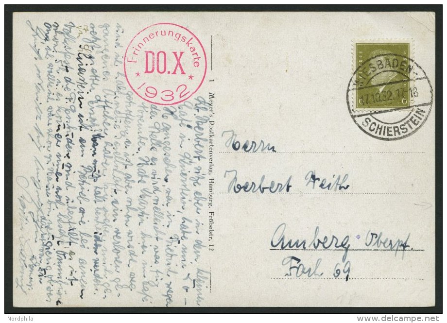 DO-X LUFTPOST 66. BRIEF, 17.10.1932, Deutschlandrundflug, DO X-Fotokarte Mit Rotem K1 Erinnerungskarte DO.X 1932, Pracht - Covers & Documents