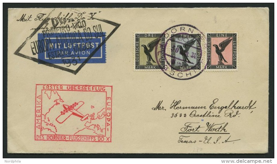 DO-X LUFTPOST 24.c. BRIEF, 30.1.1931, Bordpostaufgabe, Via Rio Nach Nordamerika, Frankiert Mit 1-3 M. Adler, Prachtbrief - Covers & Documents
