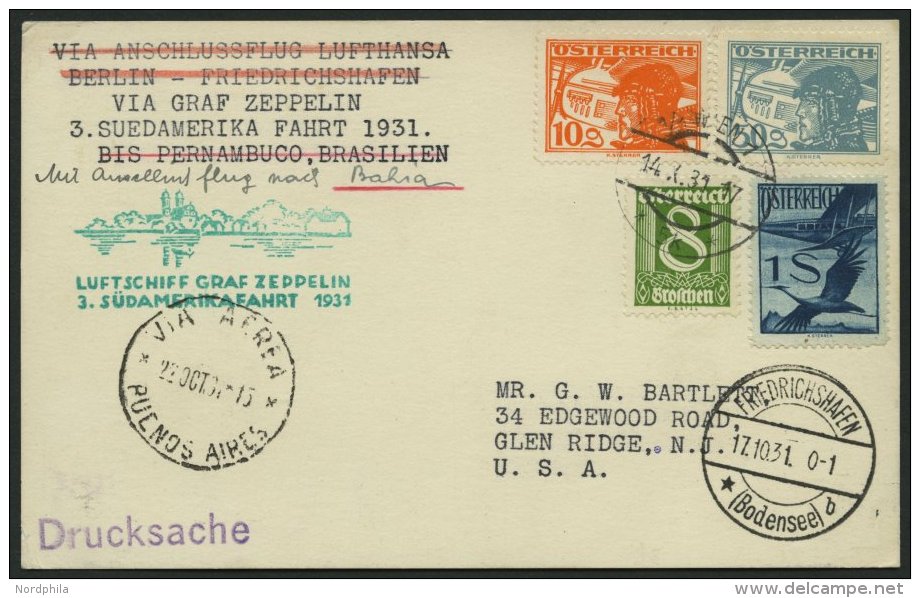 ZULEITUNGSPOST 133 BRIEF, &Ouml;sterreich: 1931, 3. S&uuml;damerikafahrt, Drucksachenkarte, Pracht - Zeppelins