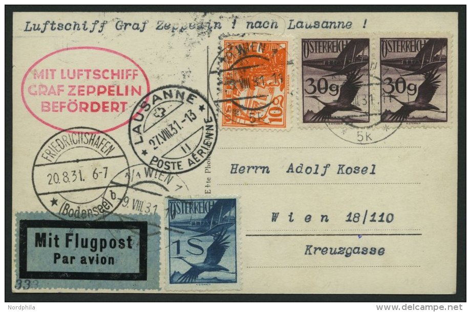 ZULEITUNGSPOST 123 BRIEF, &Ouml;sterreich, 1931, Fahrt Nach Lausanne, Prachtkarte - Zeppelins