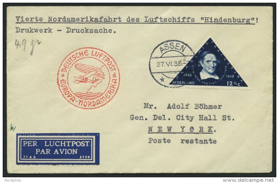 ZULEITUNGSPOST 420 BRIEF, Niederlande: 1936, 4. Nordamerikafahrt, Stempel ASSEN 1935 Statt 1936, Prachtbrief - Zeppelins