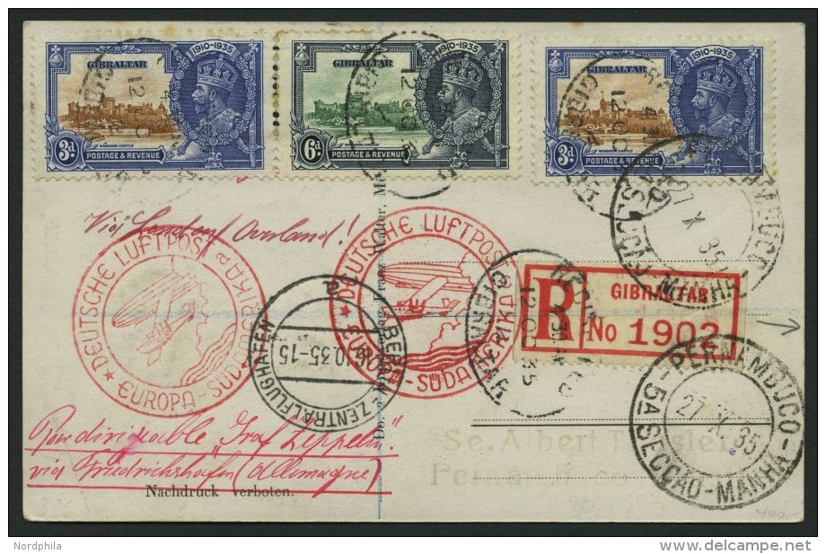 ZULEITUNGSPOST 326Bb BRIEF, Gibraltar: 1935, 15. S&uuml;damerikafahrt, Nachbringeflug Ab Berlin, Einschreibkarte, Pracht - Zeppelins