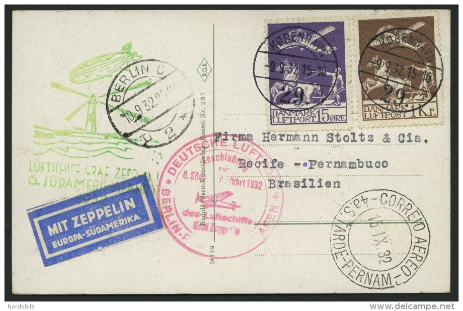 ZULEITUNGSPOST 150B BRIEF, D&auml;nemark: 1932, 6. S&uuml;damerikafahrt, Anschlussflug Ab Berlin, Prachtkarte Mit Guter - Zeppelins