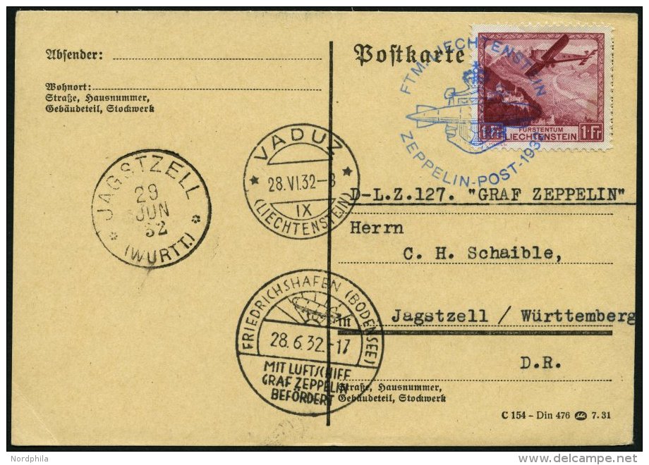 ZEPPELINPOST 167 BRIEF, 1932, Schweizfahrt, Auflieferung Vaduz, Frankiert Mit Mi.Nr 113, Prachtkarte - Zeppelins