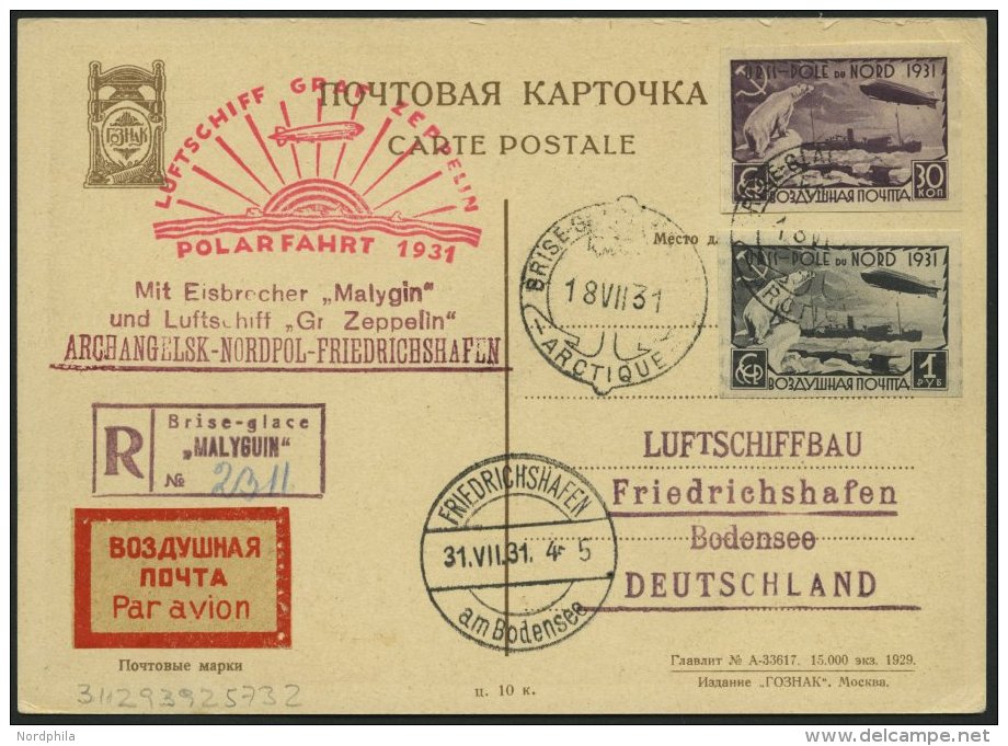 ZEPPELINPOST 120A BRIEF, 1931, Polarfahrt, UdSSR-Post, Auflieferung Malygin, Einschreibkarte Nach Friedrichshafen, Prach - Airmail & Zeppelin