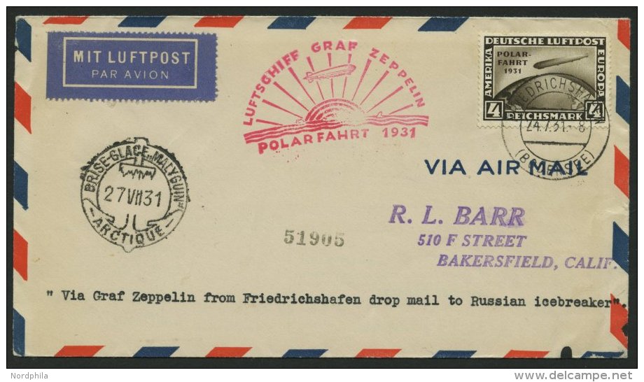 ZEPPELINPOST 119F BRIEF, 1931, Polarfahrt, Auflieferung Friedrichshafen Bis Malygin, Frankiert Mit 4 RM Polarfahrt, Oben - Airmail & Zeppelin