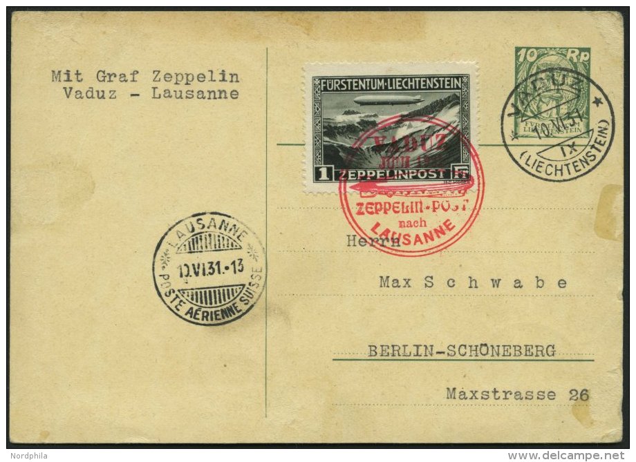 ZEPPELINPOST 110A BRIEF, 1931, Fahrt Nach Vaduz, Frankiert Mit Sondermarke 1 Fr., Marke Pracht, Karte M&auml;ngel - Airmail & Zeppelin