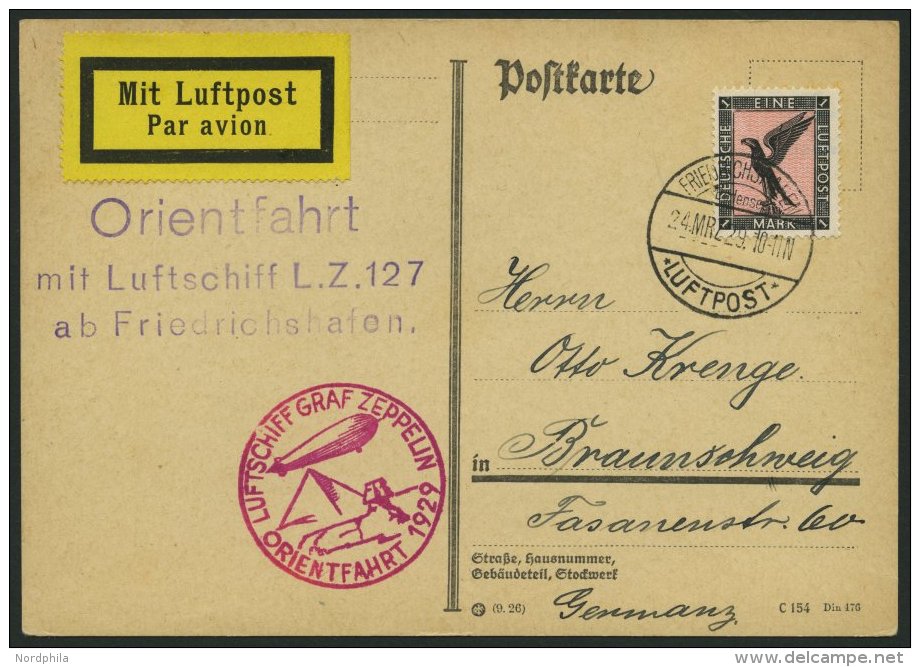 ZEPPELINPOST 23IA BRIEF, 1929, Orientfahrt, Auflieferung Fr`hafen, Frankiert Mit Einzelfrankatur Mi.Nr. 382, Prachtkarte - Zeppeline