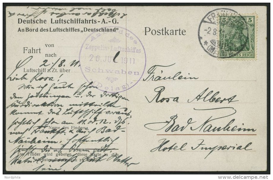 ZEPPELINPOST 2II BRIEF, 1911, Luftschiff Schwaben, Violetter Bordstempel 26.JUN 1911, Wegen Nichtverwendung Handschriftl - Airmail & Zeppelin