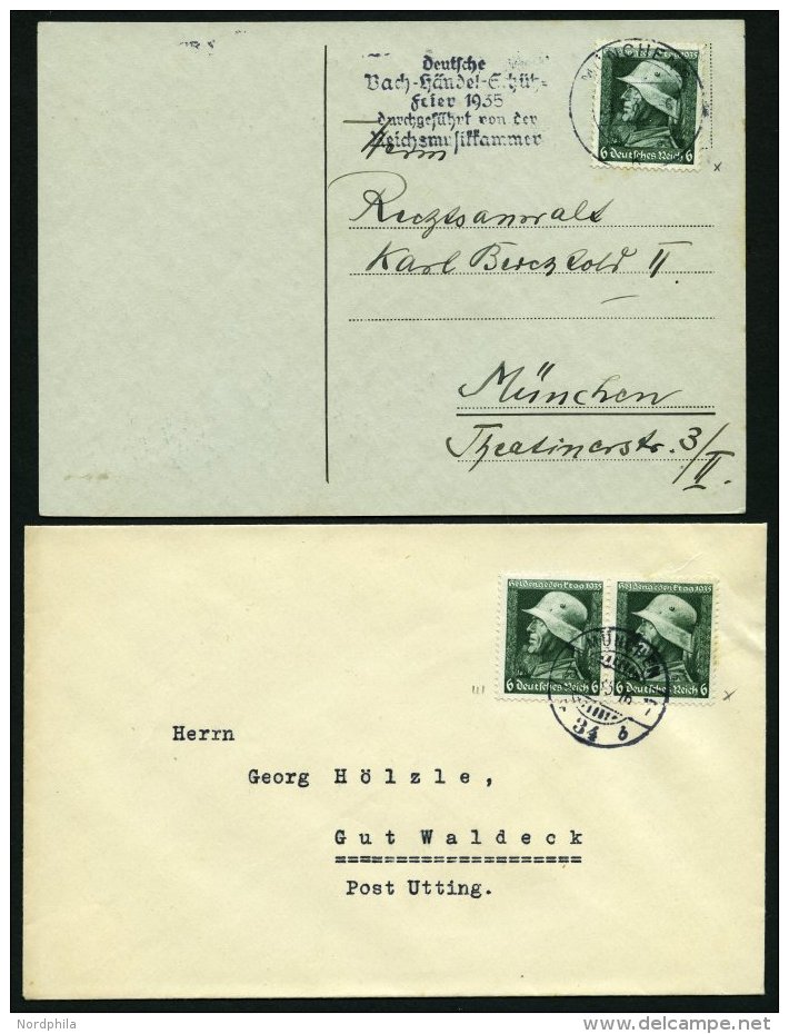 Dt. Reich 569x BRIEF, 1935, 6 Pf. Heldengedenktag, Senkrechte Gummiriffelung, Einzelfrankatur Auf Karte Und Paar Als Meh - Used Stamps