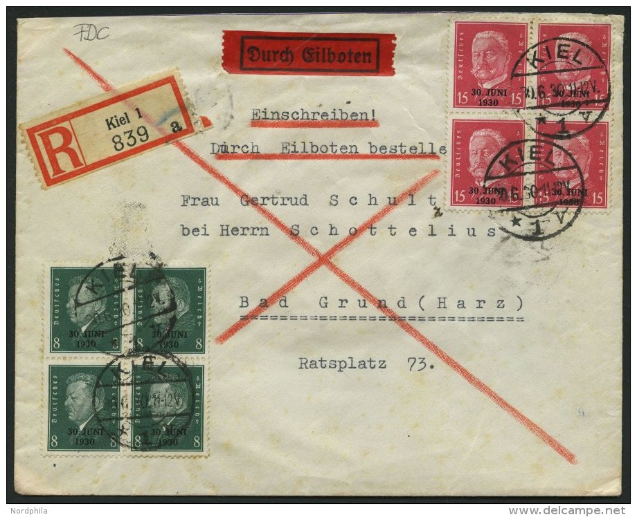 Dt. Reich 444/5 VB BRIEF, 1930, 30. Juni In Viererblocks Auf Eil-Einschreibbrief Vom Ersttag, Leichte Bedarfsspuren, Pra - Used Stamps