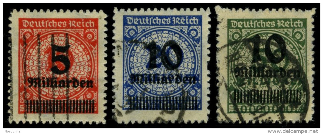 Dt. Reich 334-36B O, 1923, 5 Mrd. Auf 10 Mio. M. - 10 Mrd. Auf 50 Mio. M., Durchstochen, &uuml;blicher Durchstich, 3 Pra - Used Stamps