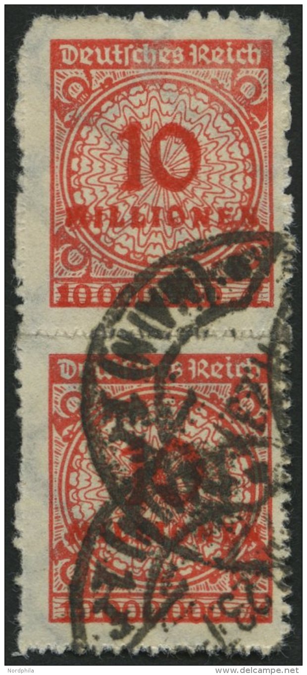 Dt. Reich 318B Paar O, 1923, 10 Mio. M. Dunkelzinnober Im Senkrechten Paar, &uuml;blicher Durchstich, Pracht, Gepr. Dr. - Used Stamps