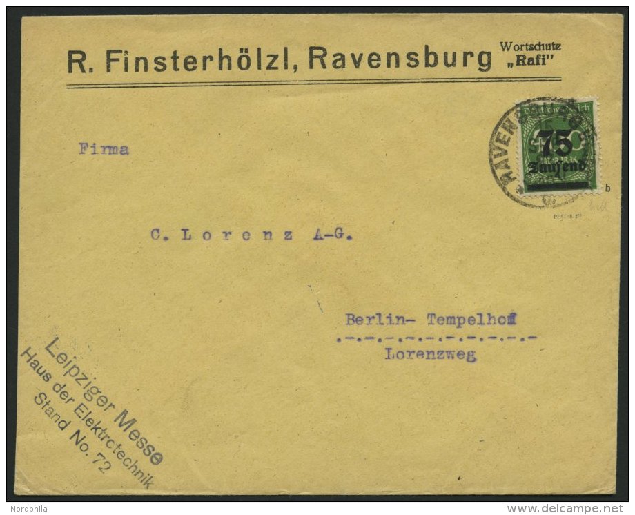 Dt. Reich 287b BRIEF, 1923, 75 Tsd. Auf 400 M. Schwarzolivgr&uuml;n, Einzelfrankatur Auf Prachtbrief, Gepr. Peschl - Used Stamps