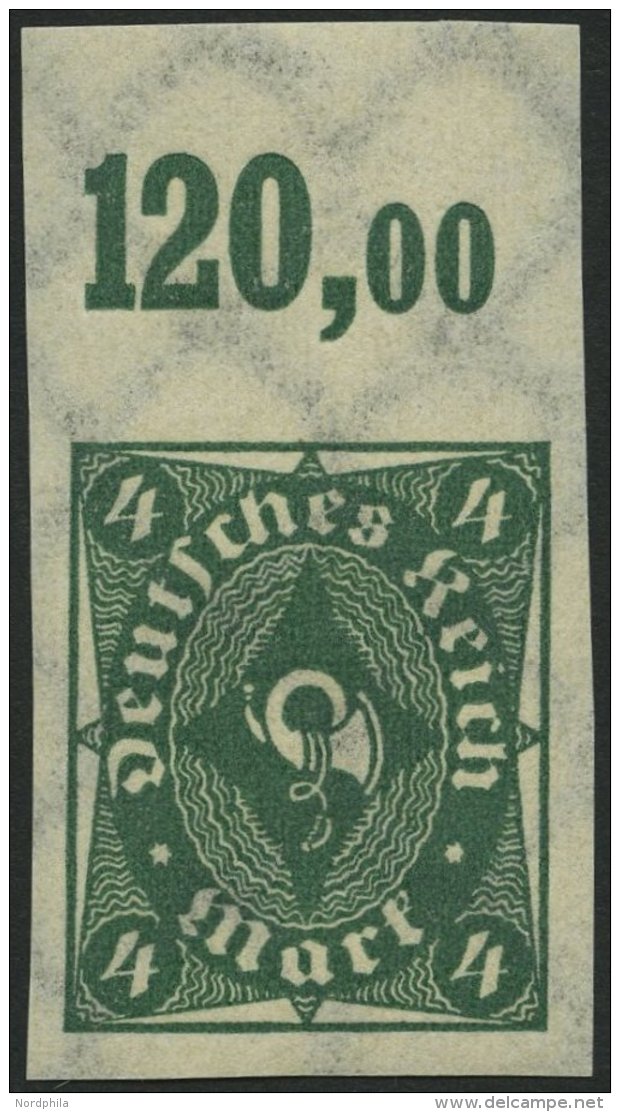 Dt. Reich 226aUPOR **, 1922, 4 M. Dunkelgr&uuml;n, Ungez&auml;hnt, Oberrandst&uuml;ck, Pracht - Used Stamps