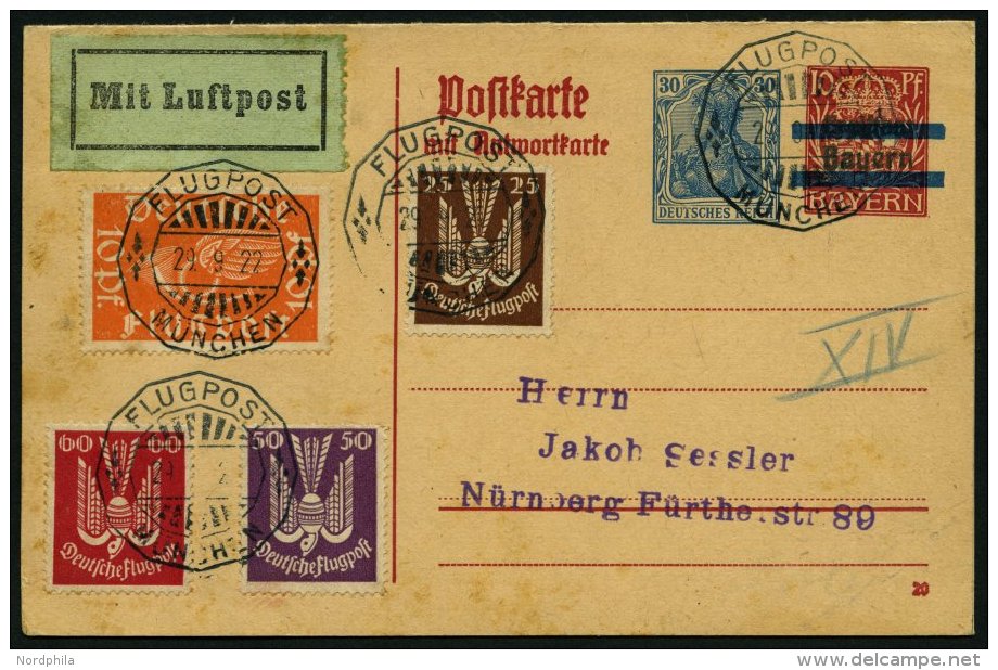 Dt. Reich 210,212/3 BRIEF, 1922, 25, 50 Und 60 Pf. Holztaube Auf P 134I/02, Luftpostkarte Von M&Uuml;NCHEN Nach N&uuml;r - Used Stamps