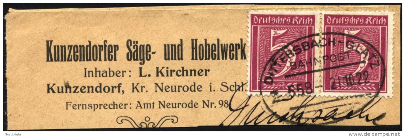 Dt. Reich 177 Paar BrfStk, 1922, 5 Pf. Lilakarmin, Wz. 2, Im Waagerechten Paar Auf Gro&szlig;em Briefst&uuml;ck Mit Bahn - Used Stamps