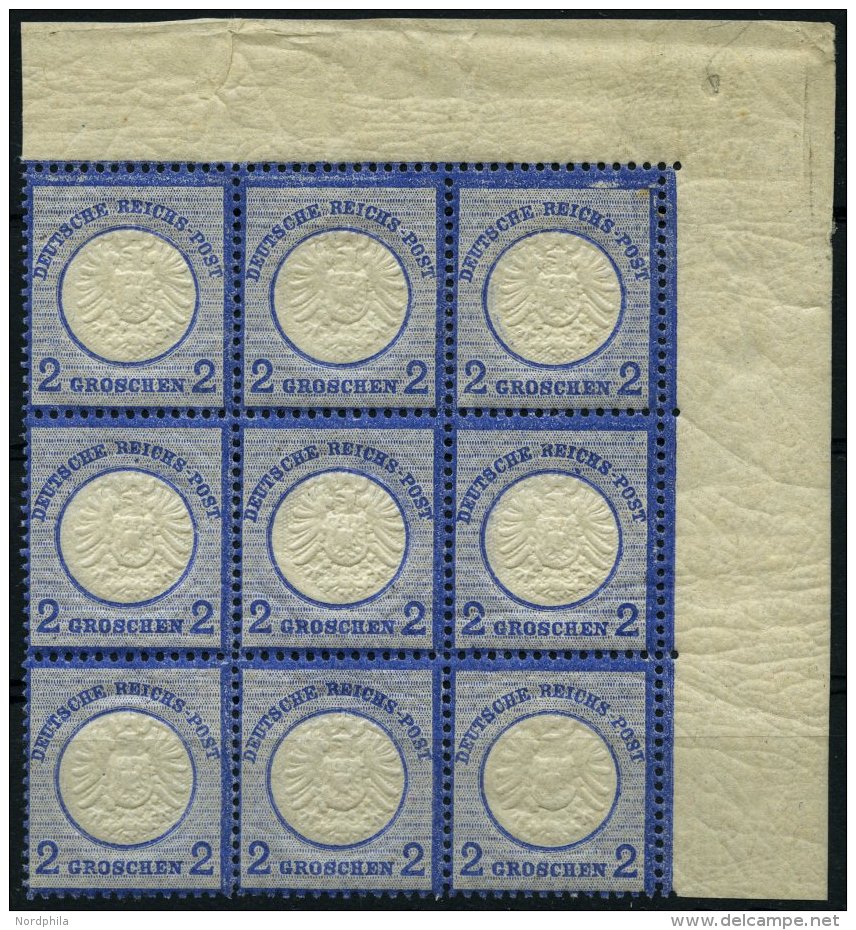 Dt. Reich 20 **, 1872, 2 Gr. Ultramarin Im Postfrischen Neunerblock Aus Der Rechten Oberen Bogenecke, Dabei Die Plattenf - Used Stamps