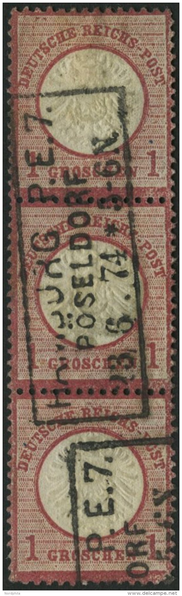 Dt. Reich 19 O, 1872, 1 Gr. Rotkarmin Im Waagerechten Dreierstreifen, R3 HAMBURG P.E. 7. P&Ouml;SELDORF, Pracht, Fotobef - Used Stamps