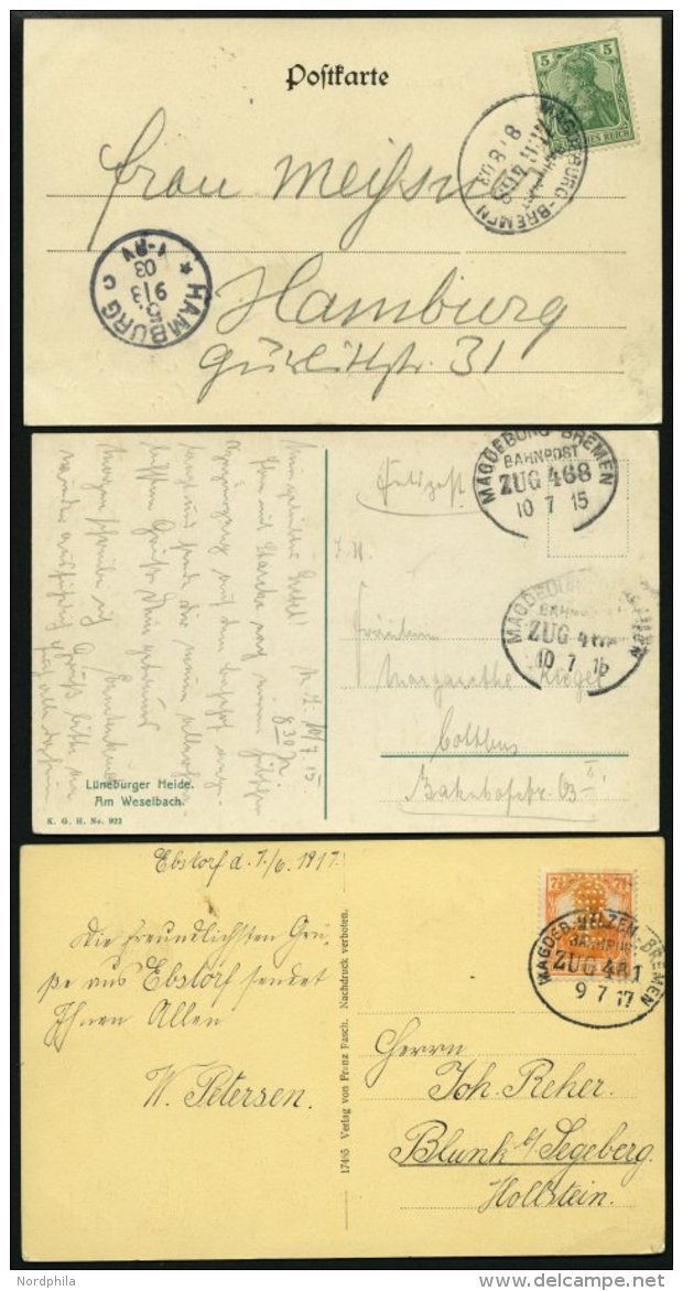 BAHNPOST Magdeburg-Bremen (Zug 268 (2x) Und 481), 1903-1917, 3 Ansichtskarten Sowie L3 Auf Brief Nach Stendal Von 1876, - Franking Machines (EMA)