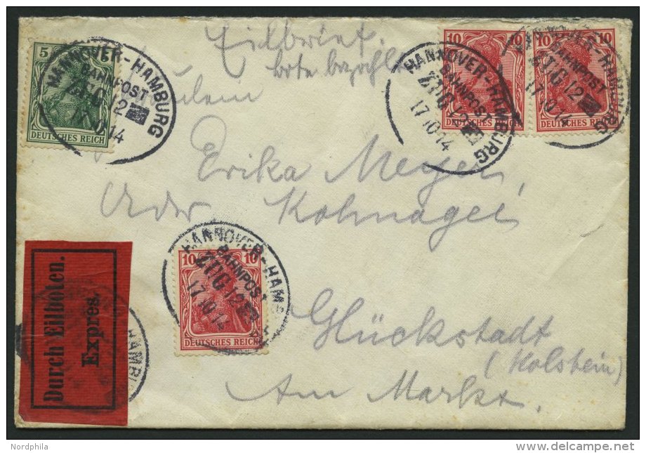 BAHNPOST DR 85/6 BRIEF, Hannover-Hamburg (Zug 12) Auf Eilbotenbrief Mit 5 Und 10 Pf. (3x) Germania Von 1914, Feinst - Franking Machines (EMA)