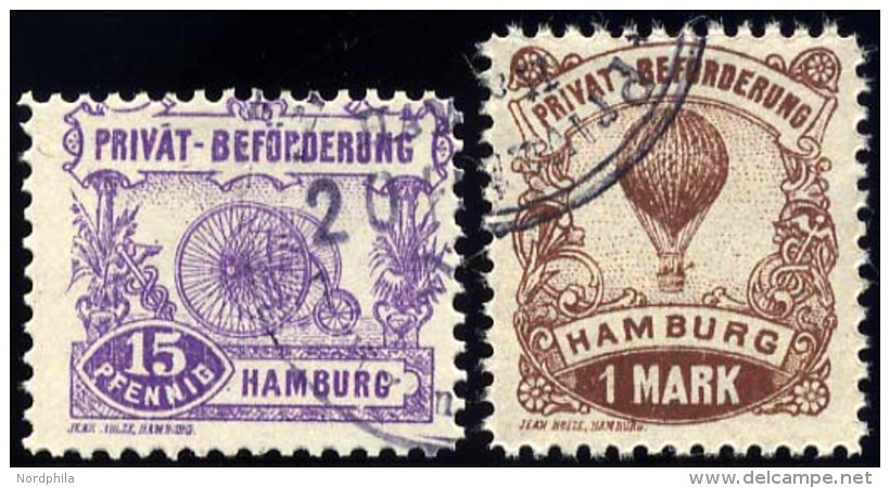 HAMBURG E 15/6A O, HAMMONIA II: 1888, 15 Pf. Und 1 M. Verkehrsmittel, Gez&auml;hnt 111/2, 2 Prachtwerte, Mi. 45.- - Private & Local Mails